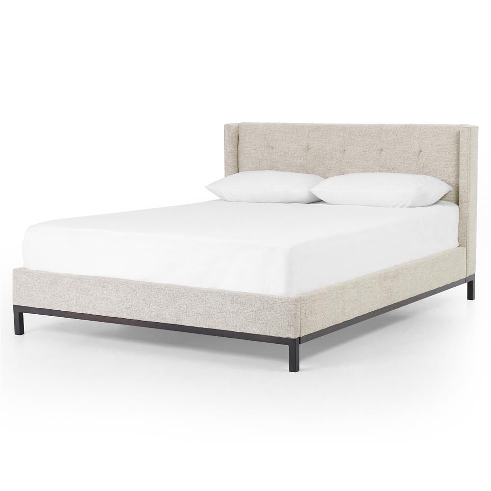 Nyla Industrial Light Grey Upholstered Black Iron Tufted Platform Bed - Queen|