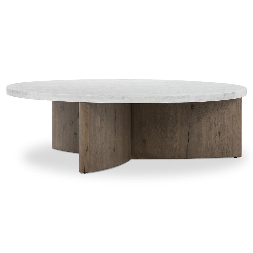 Teddie Rustic Lodge White Marble Top Grey Oak Wood Round Coffee Table|