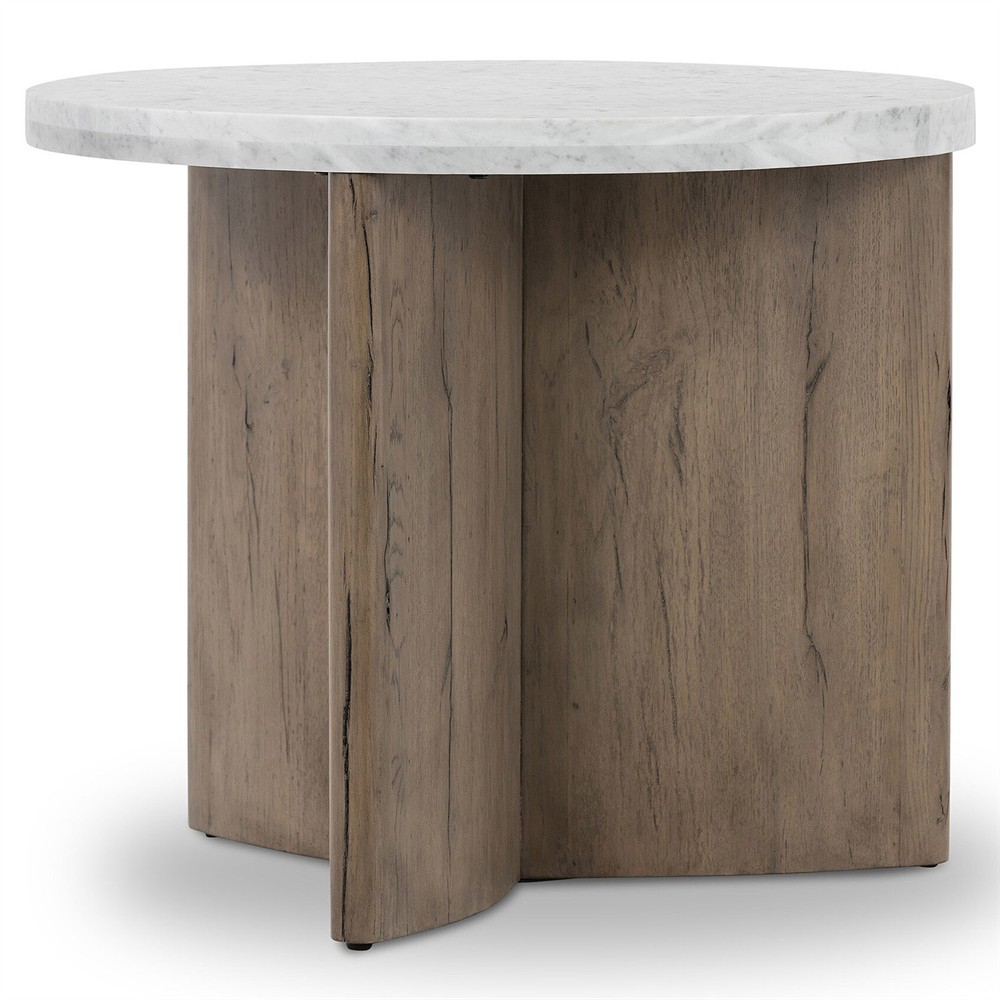 Teddie Rustic Lodge White Marble Top Brown Solid Oak Round End Table|
