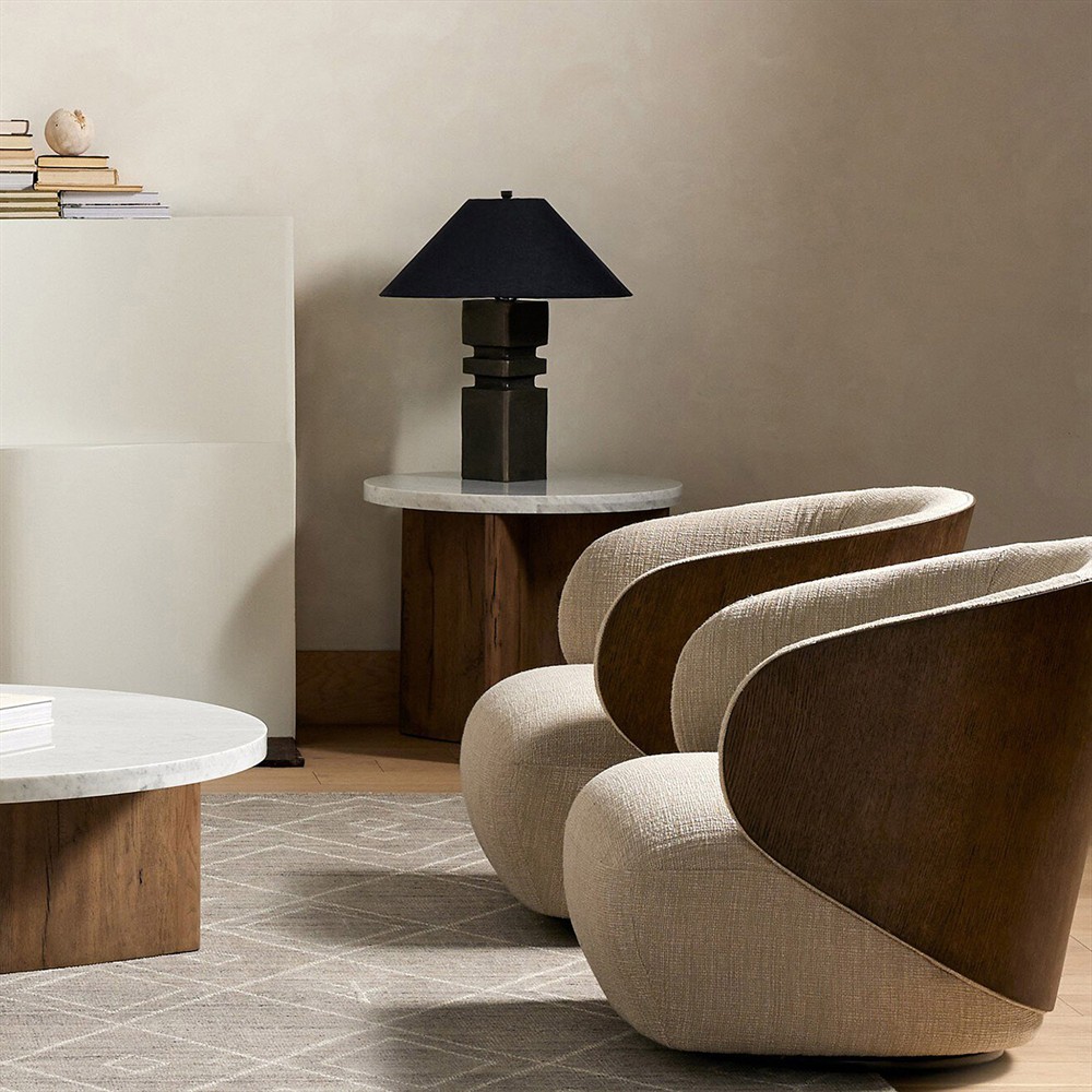 Teddie Rustic Lodge White Marble Top Brown Solid Oak Round End Table|