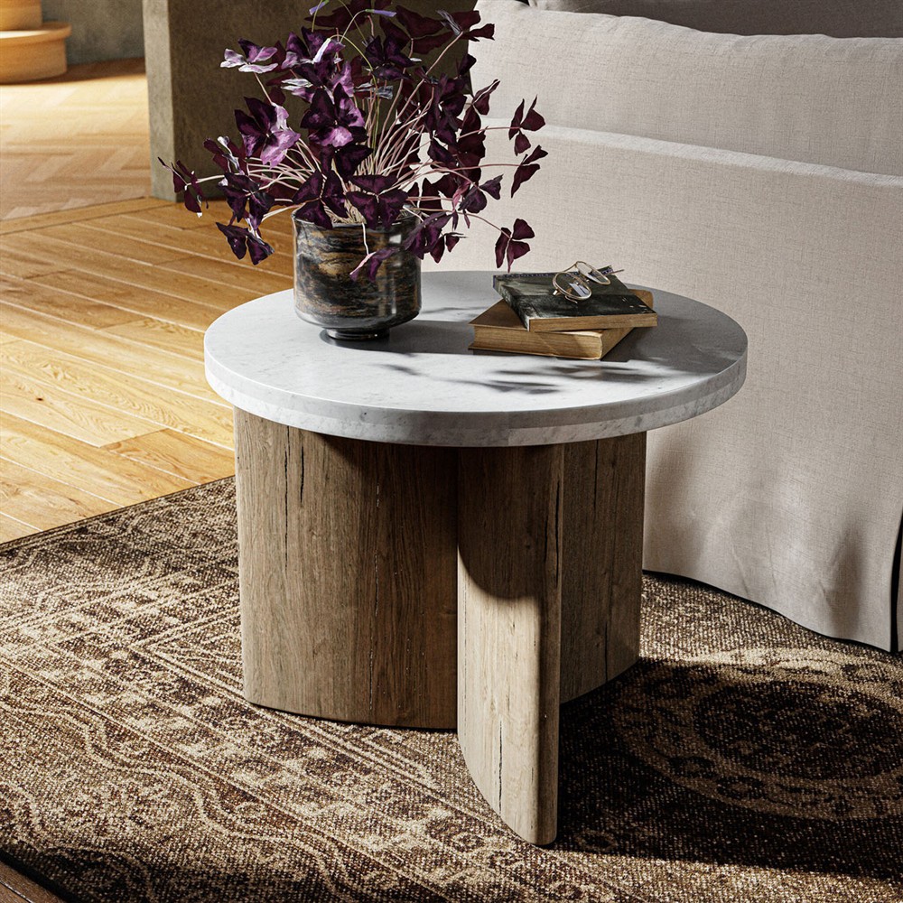 Teddie Rustic Lodge White Marble Top Brown Solid Oak Round End Table|