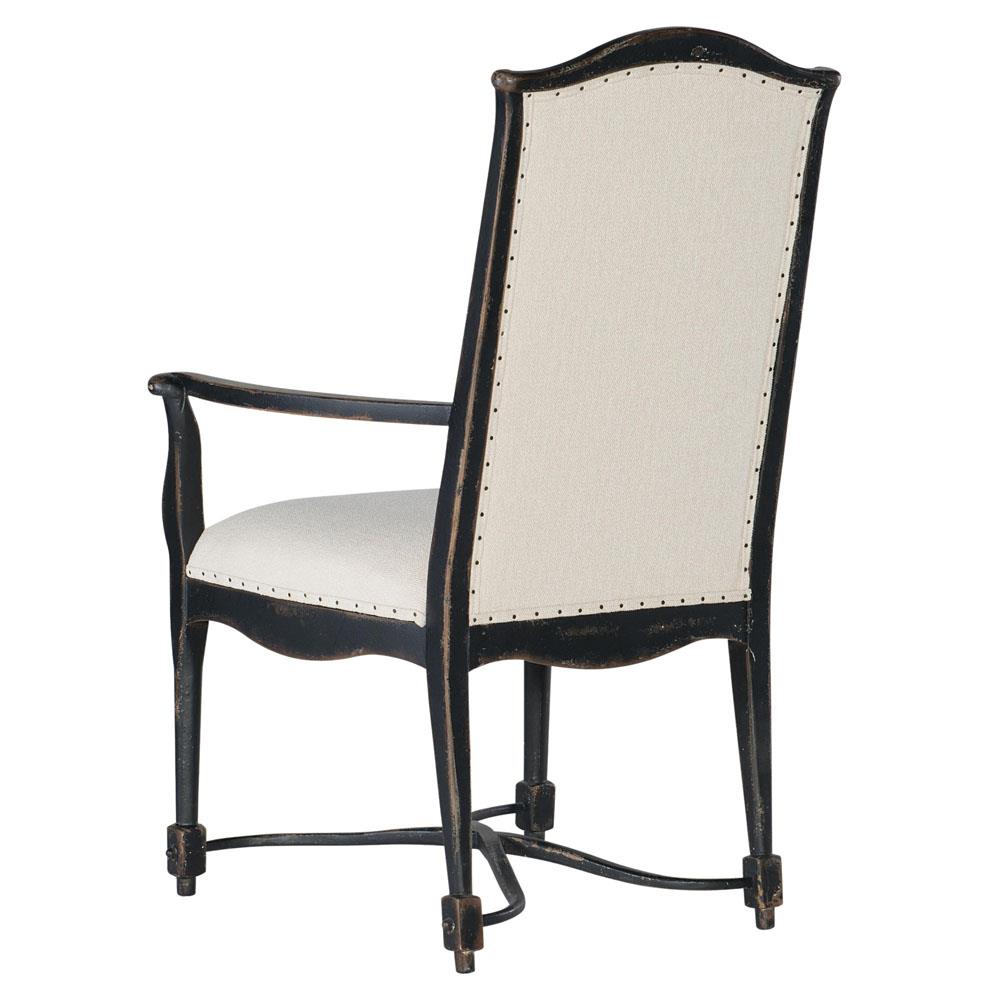 Kaira French Country Black Wood Cream Upholstered Nailhead Trim Dining Arm Chair|