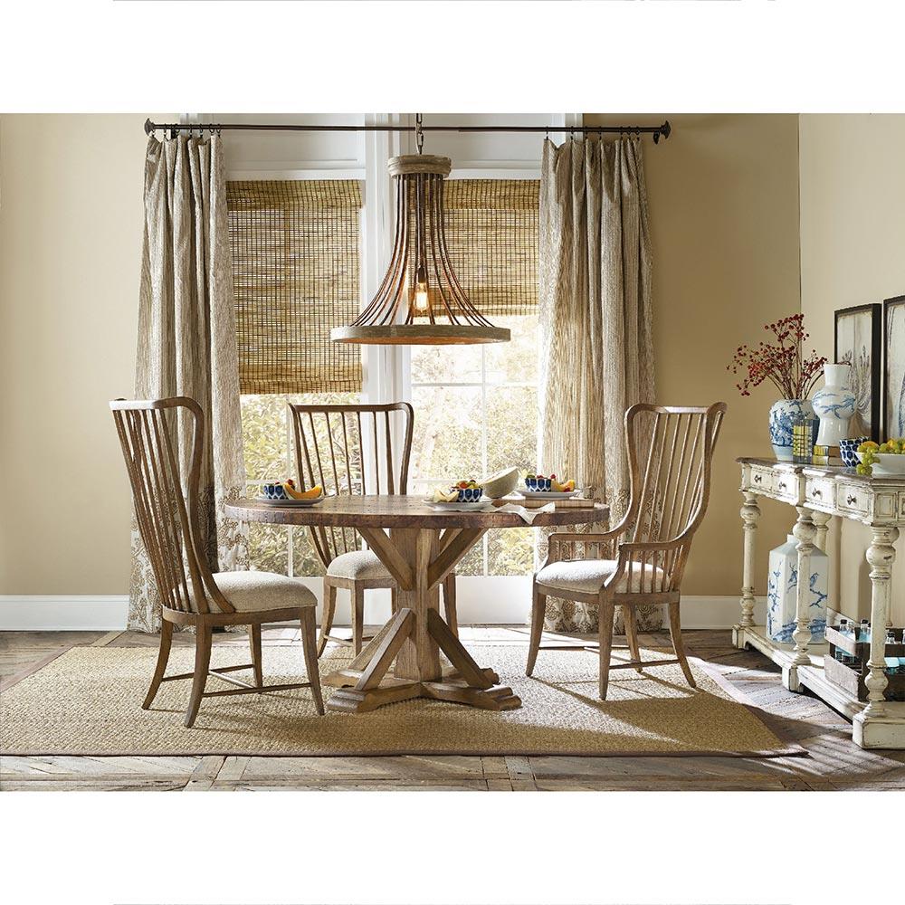 Daniel French Country Brown Wood Beige Upholstered Windsor Dining Arm Chair|
