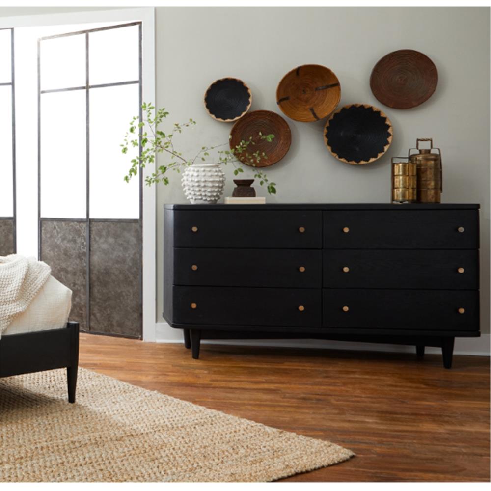 William Mid Century Modern Black Oak Wood 6 Drawer Double Dresser