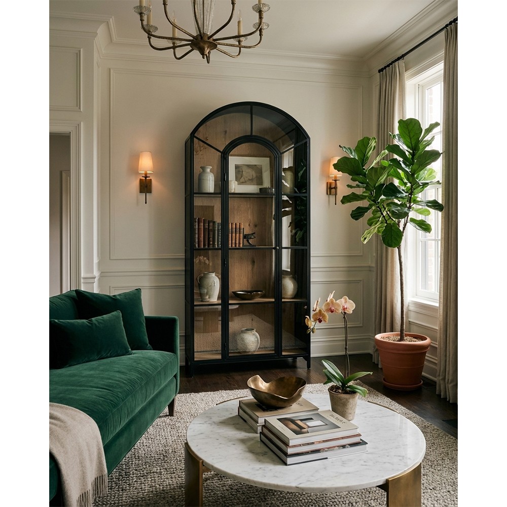 Stancil Industrial Brown Oak Wood Black Iron Clear Glass Door Arch