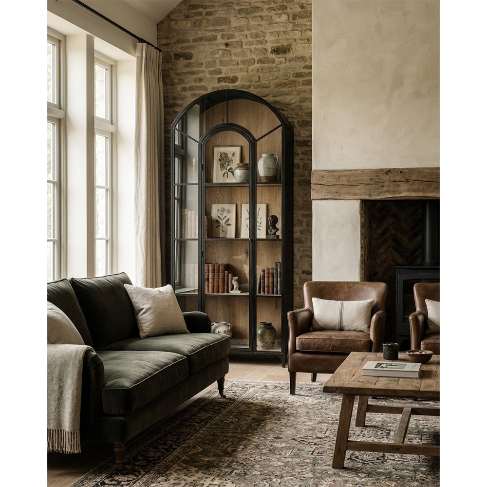 Stancil Industrial Brown Oak Wood Black Iron Clear Glass Door Arch