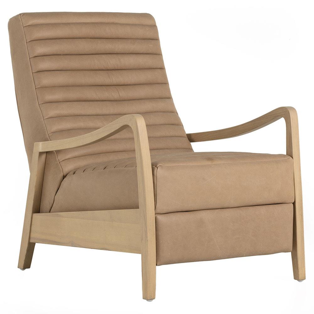 Amani Mid Century Nude Beige Leather Wood Frame Recliner Chair|