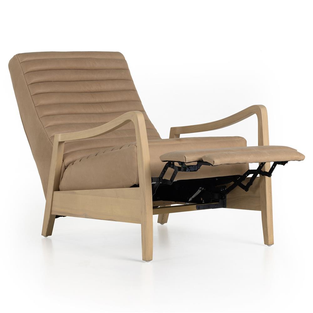 Amani Mid Century Nude Beige Leather Wood Frame Recliner Chair|