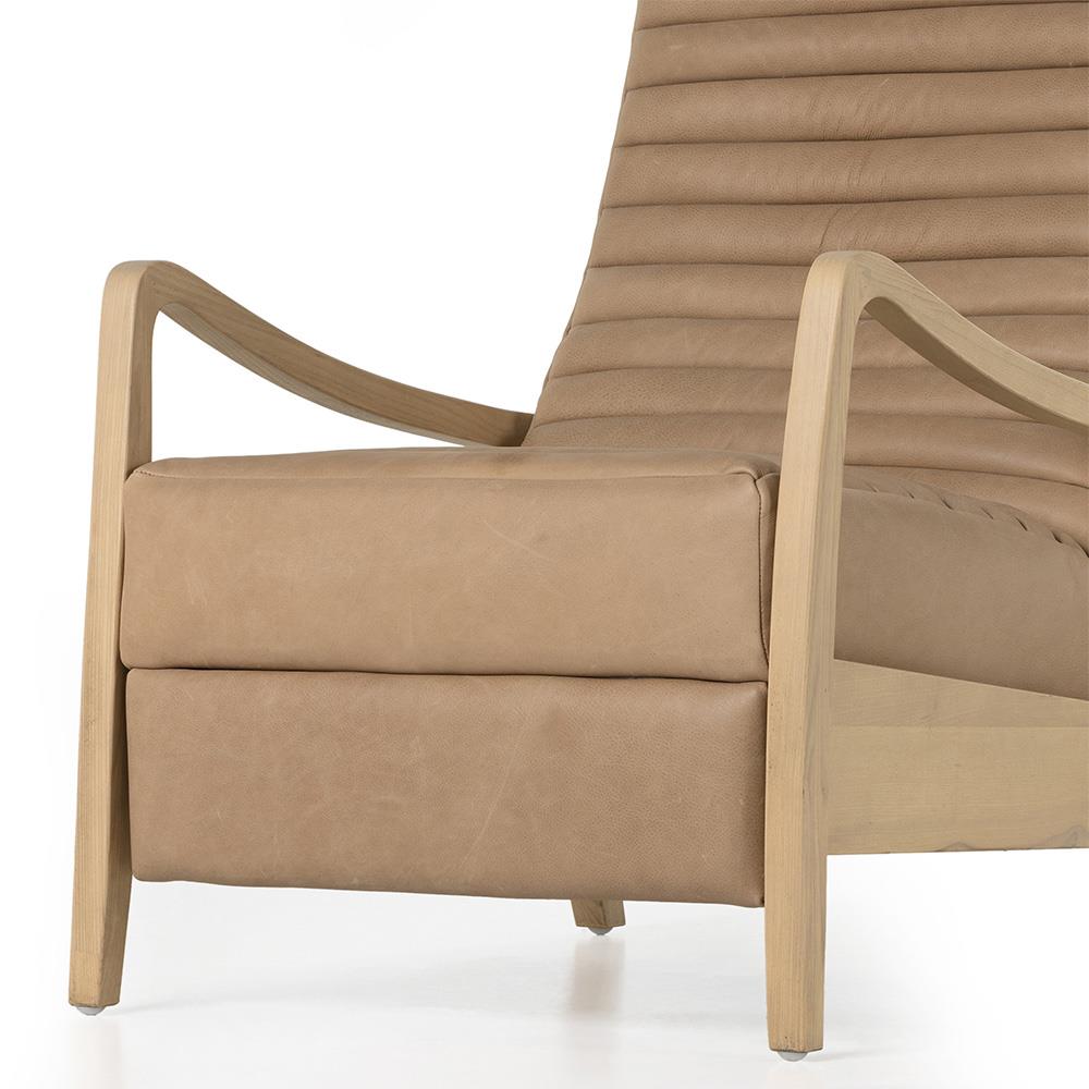 Amani Mid Century Nude Beige Leather Wood Frame Recliner Chair|