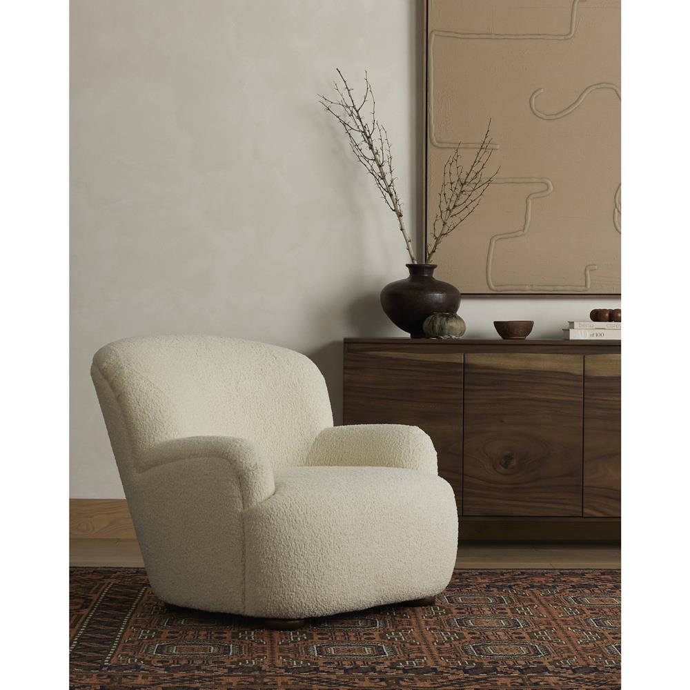 Kaden Modern Classic Cream Upholstered Boucle Brown Wood Wingback Arm Chair|