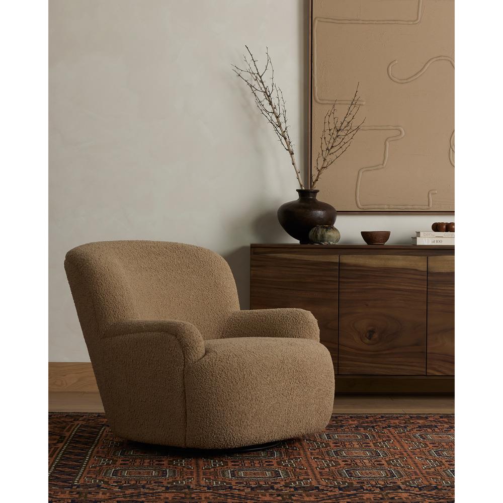 Kaden Modern Brown Upholstered Boucle Wood Frame Wingback Swivel Arm Chair|