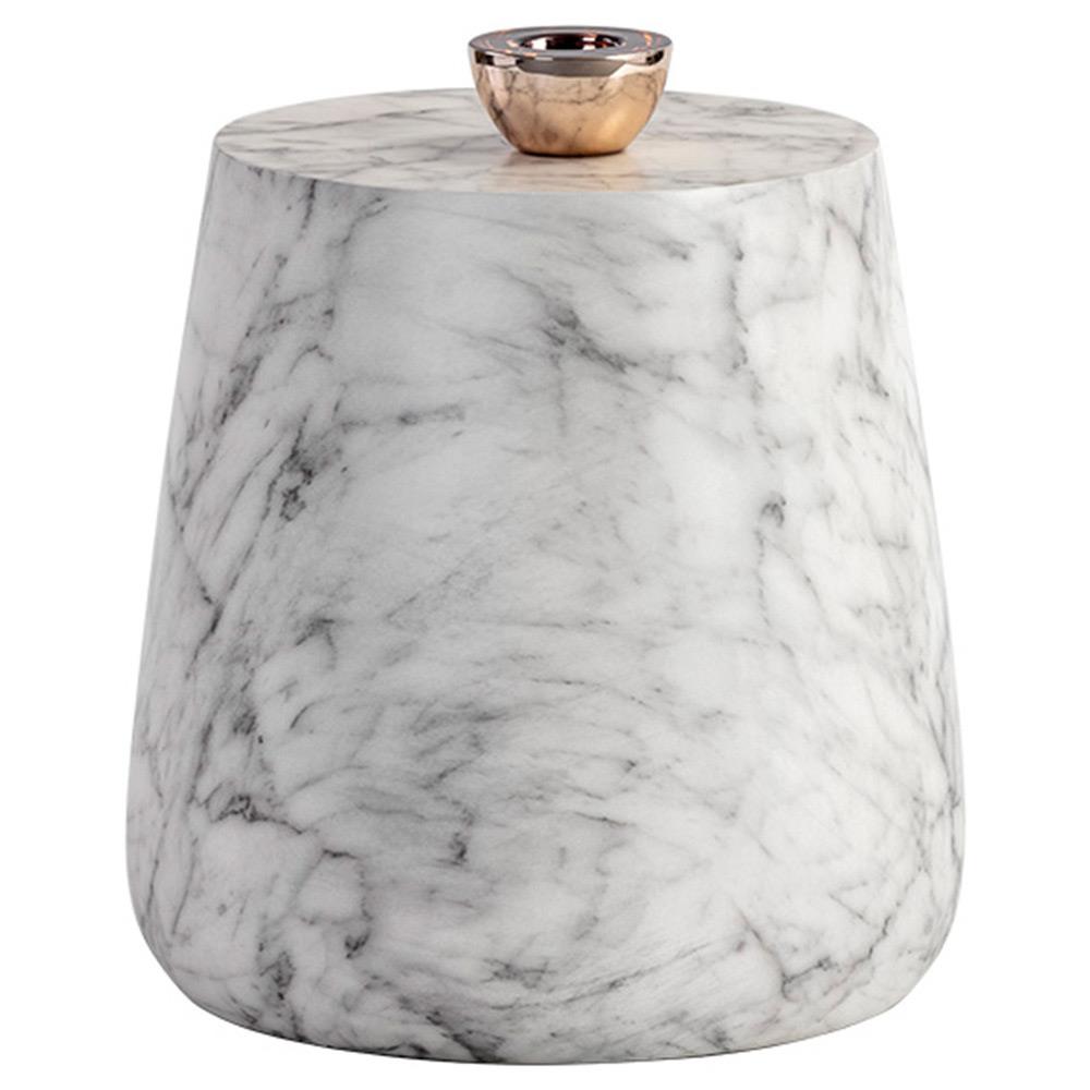 Costera Industrial White Faux Marble Round Drum Outdoor Side Table|