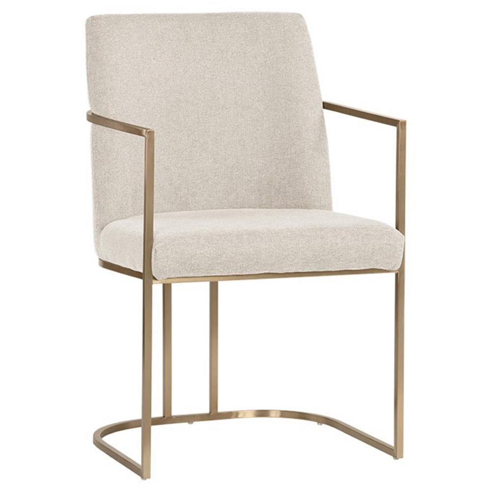 Aliyah Oatmeal Beige Upholstered Antique Brass Steel Dining Arm Chair|