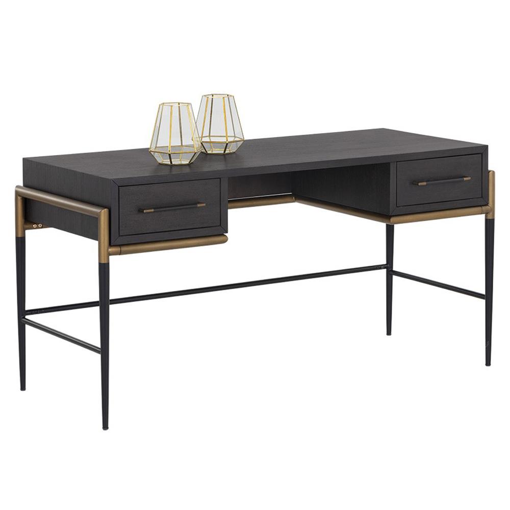 Senesca Rustic Lodge Brown Acacia Wood Black Iron Base 2 Drawer Desk|