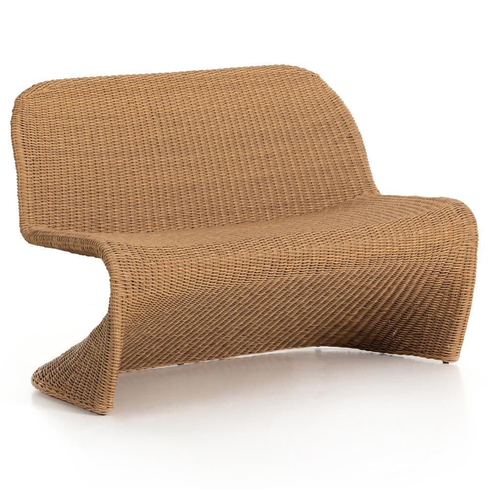 Ivanna Coastal Beach Natural Brown Woven Wicker Outdoor Dining Bench|