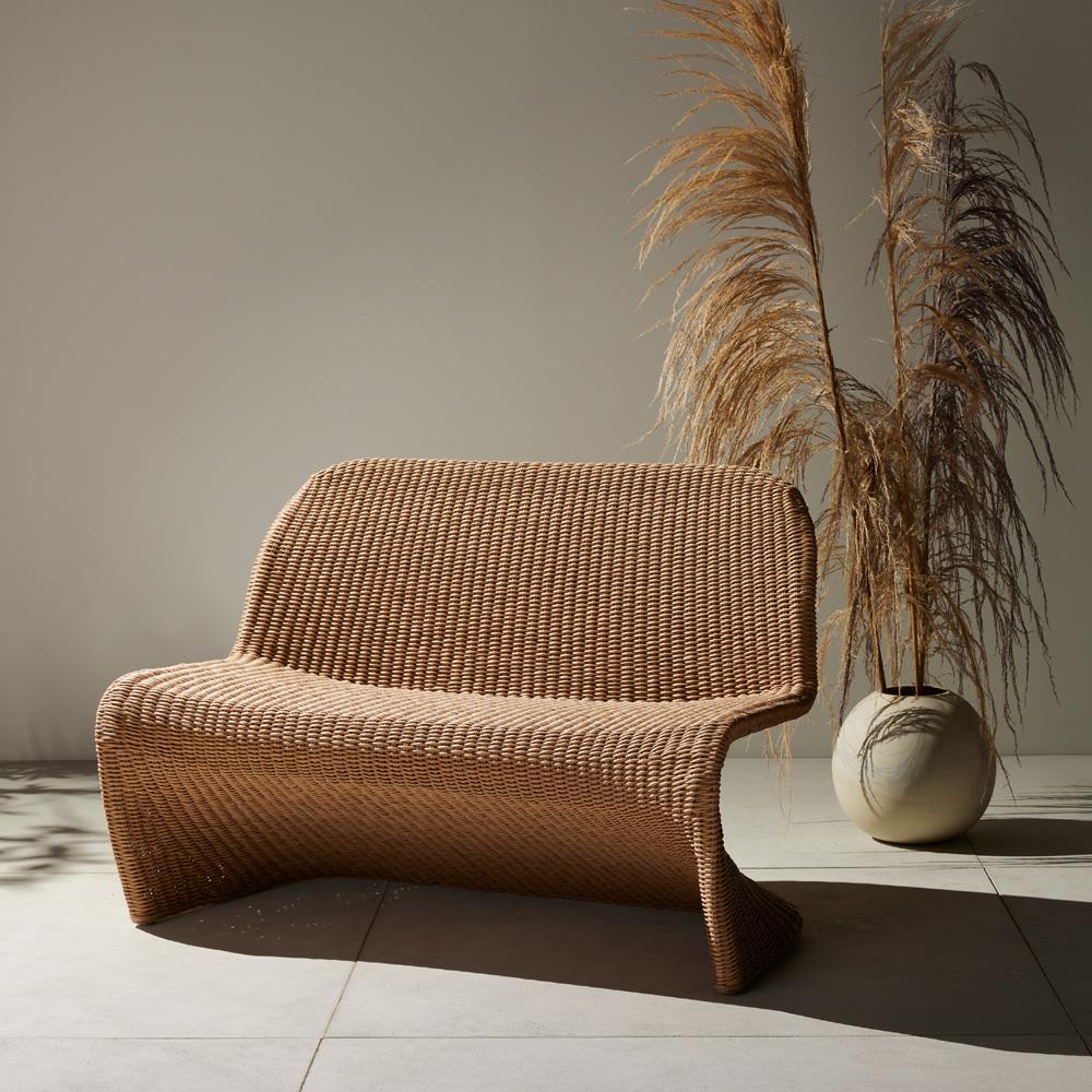 Ivanna Coastal Beach Natural Brown Woven Wicker Outdoor Dining Bench|