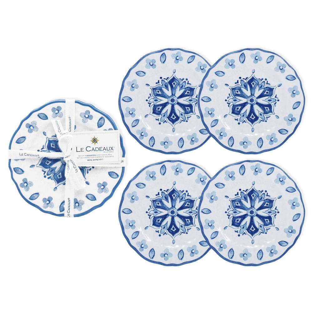 Moroccan Global White Melamine Blue Floral Appetizer Plate - Set of 4|