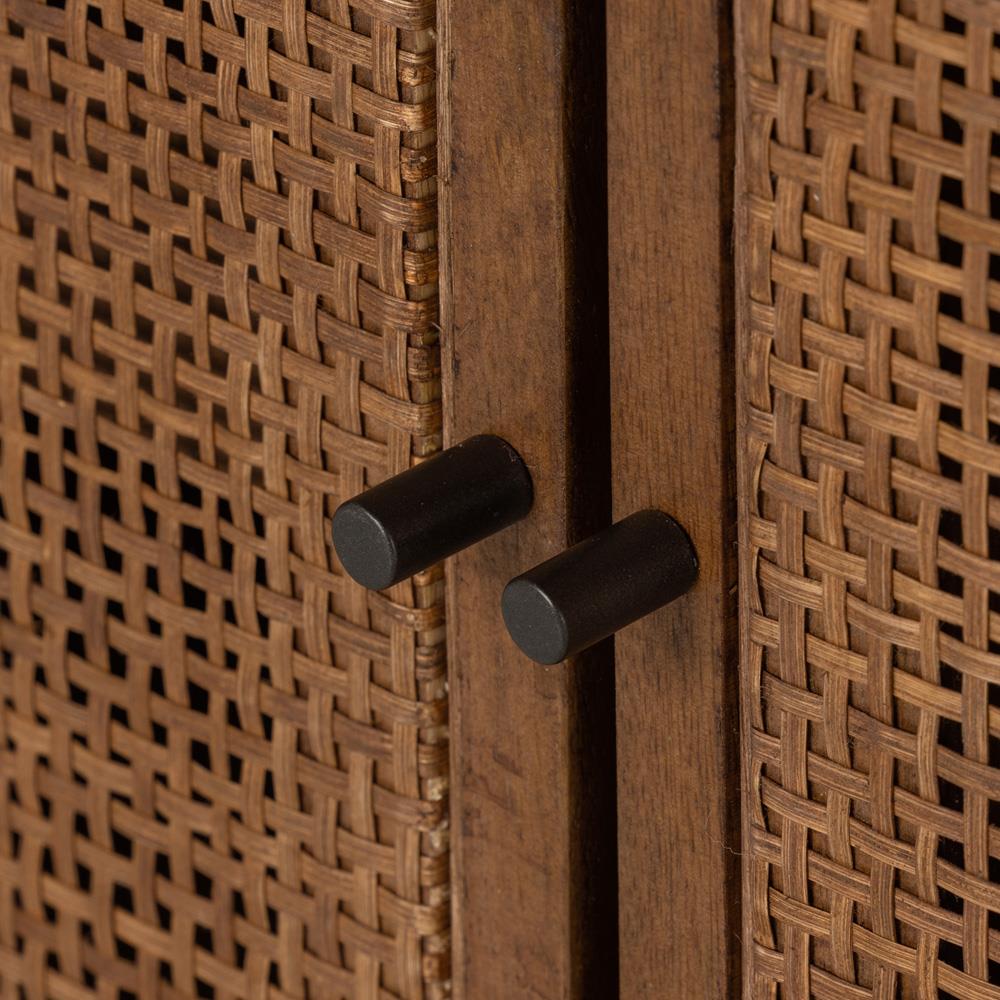 Emilie Coastal Beach Brown Mango Wood Black Iron Woven Cane 4 Door Sideboard|