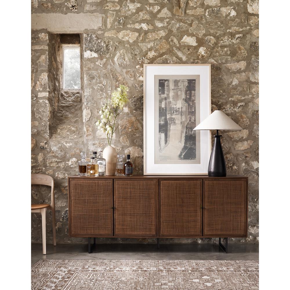 Emilie Coastal Beach Brown Mango Wood Black Iron Woven Cane 4 Door Sideboard|