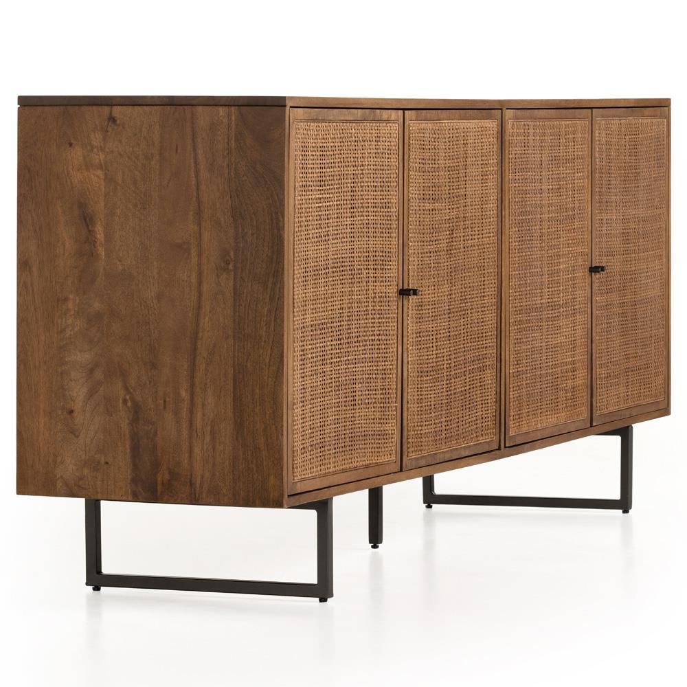 Emilie Coastal Beach Brown Mango Wood Black Iron Woven Cane 4 Door Sideboard|