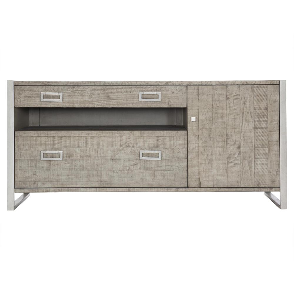 Chase Rustic Grey Pine Wood Silver Stainless Steel 2 Drawer Media Cabinet|