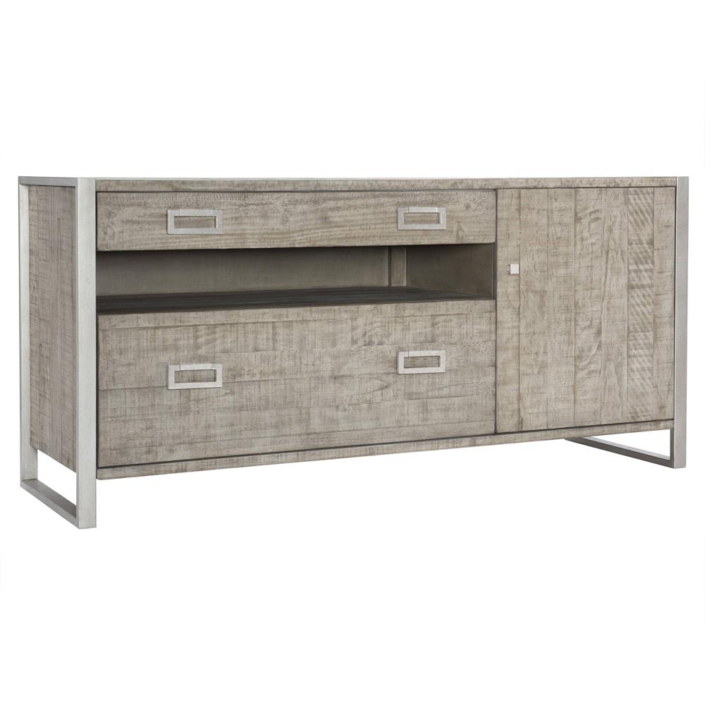 Chase Rustic Grey Pine Wood Silver Stainless Steel 2 Drawer Media Cabinet|