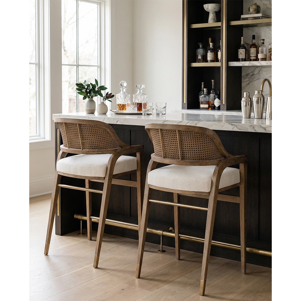 Edward Coastal White Linen Driftwood Mahogany Woven Cane Counter