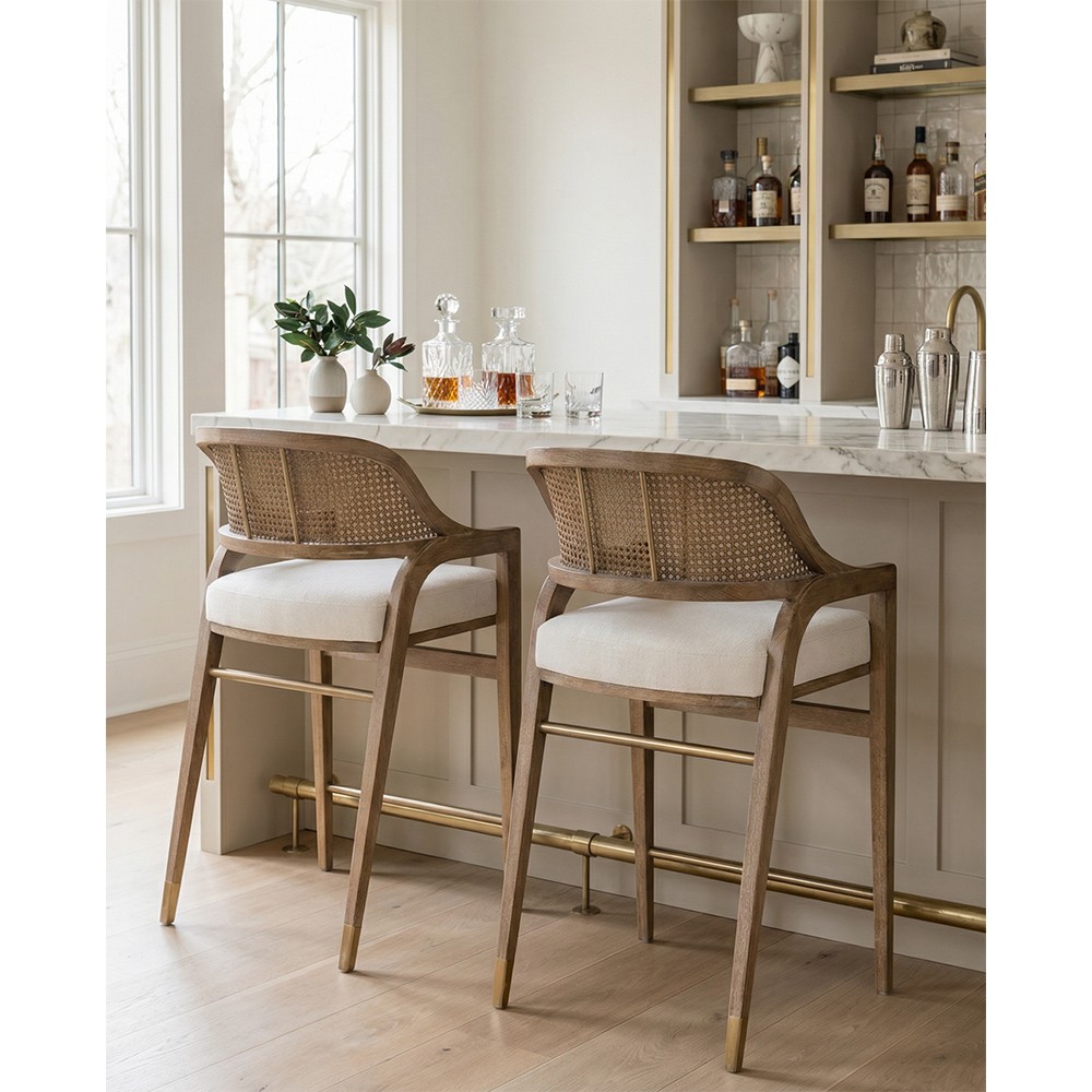 Edward Coastal White Linen Driftwood Mahogany Woven Cane Counter