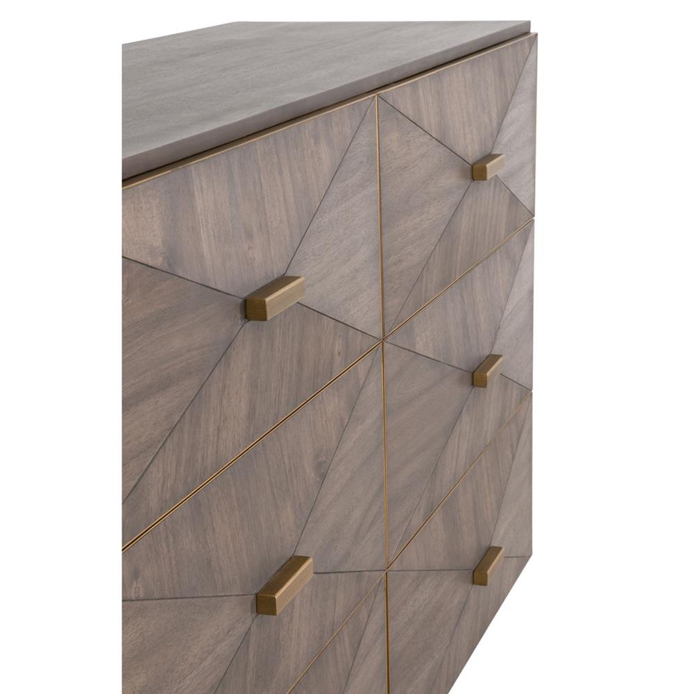 Mabel Modern Classic Brown Acacia Brushed Gold Steel 6 Drawer Double Dresser  | Kathy Kuo Home