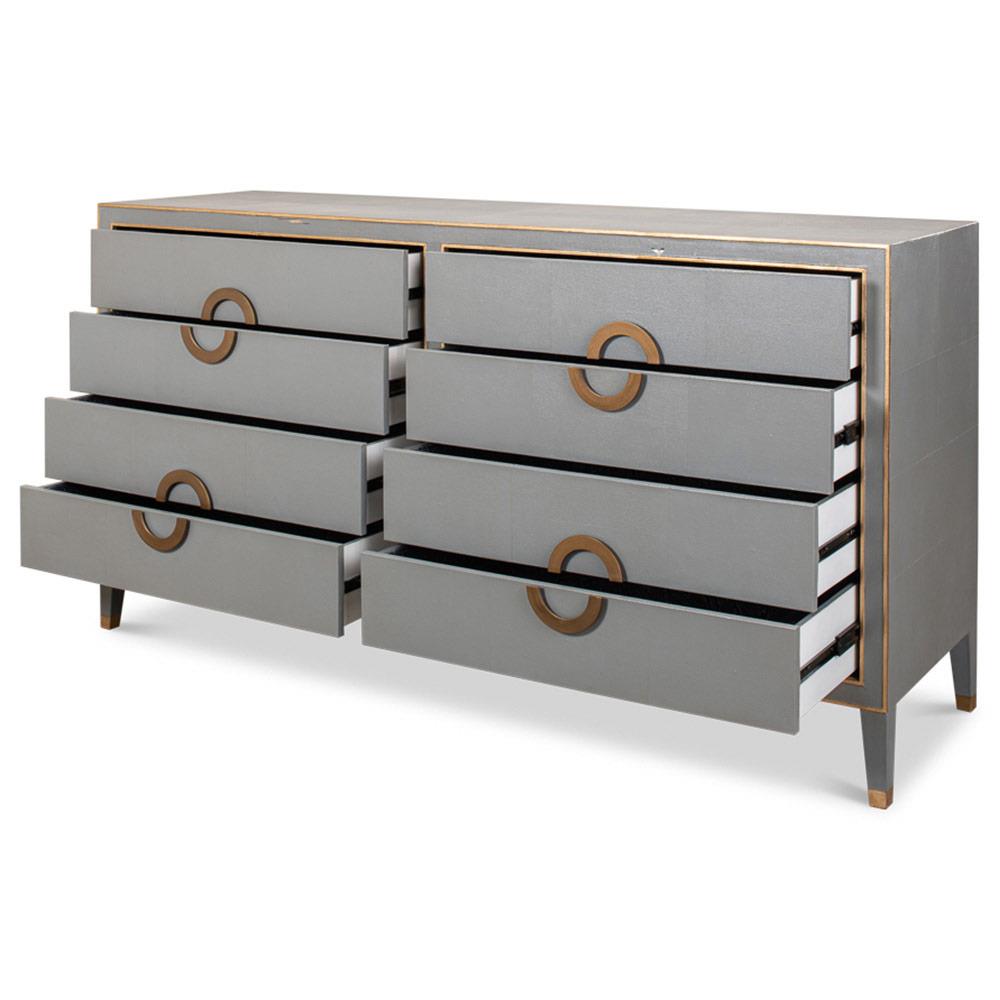 Levi Mid Century Modern Grey Shagreen Leather Brass Accent 8 Drawer Double Dresser|