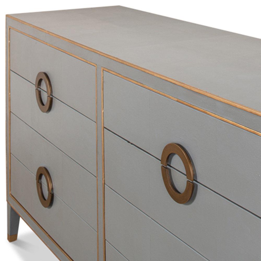 Levi Mid Century Modern Grey Shagreen Leather Brass Accent 8 Drawer Double Dresser|