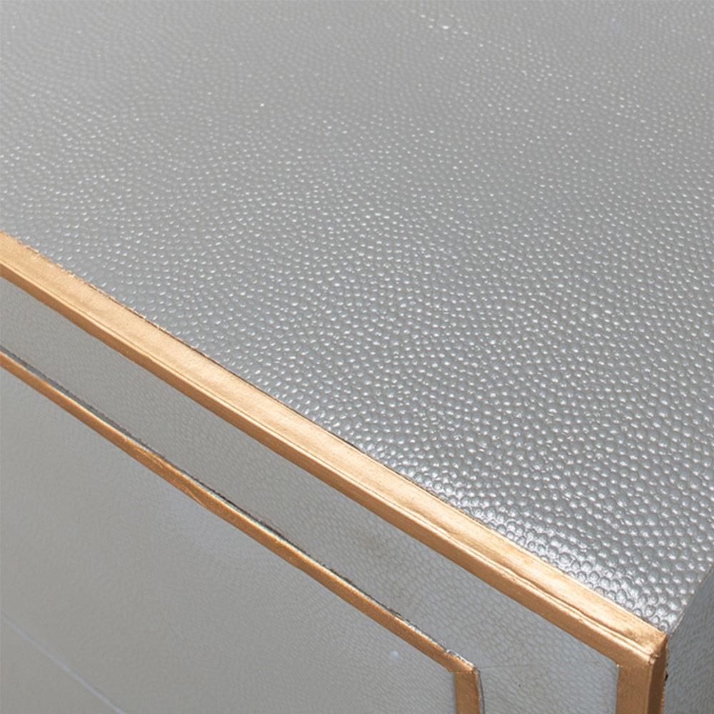 Levi Mid Century Modern Grey Shagreen Leather Brass Accent 8 Drawer Double Dresser|