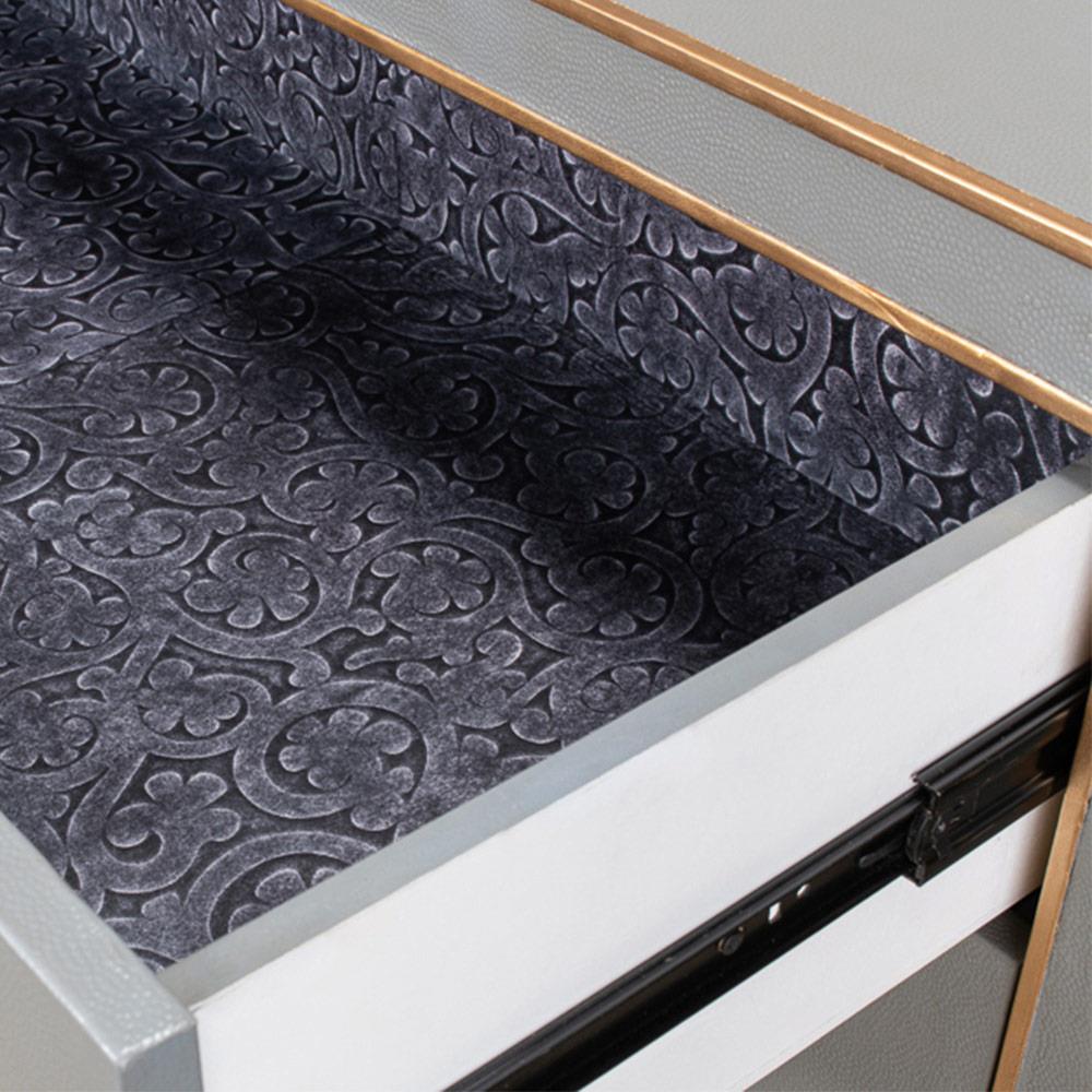 Levi Mid Century Modern Grey Shagreen Leather Brass Accent 8 Drawer Double Dresser|