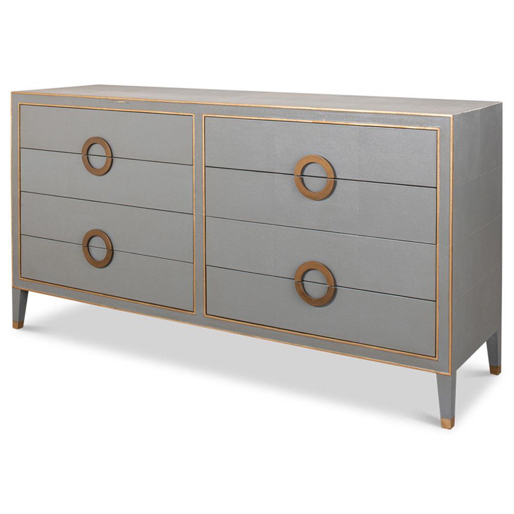 Levi Mid Century Modern Grey Shagreen Leather Brass Accent 8 Drawer Double Dresser|