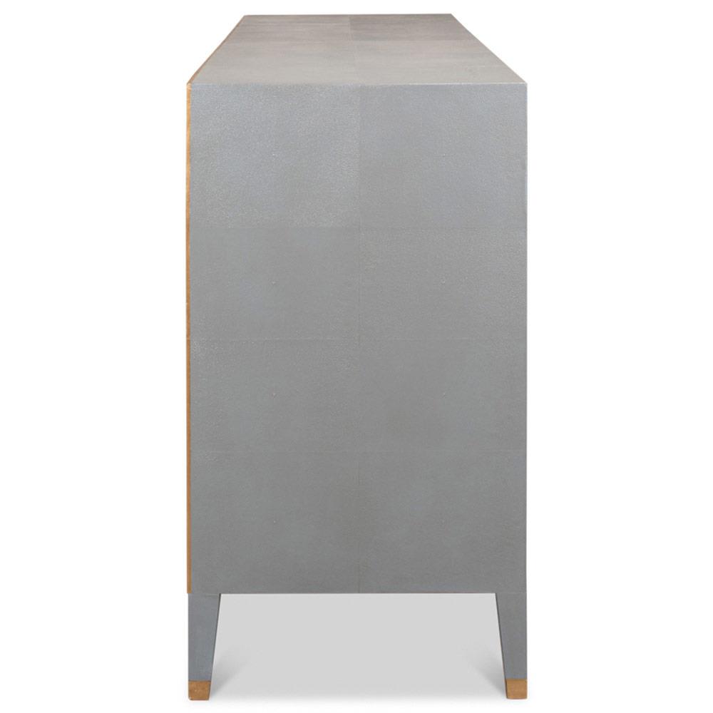 Levi Mid Century Modern Grey Shagreen Leather Brass Accent 8 Drawer Double Dresser|