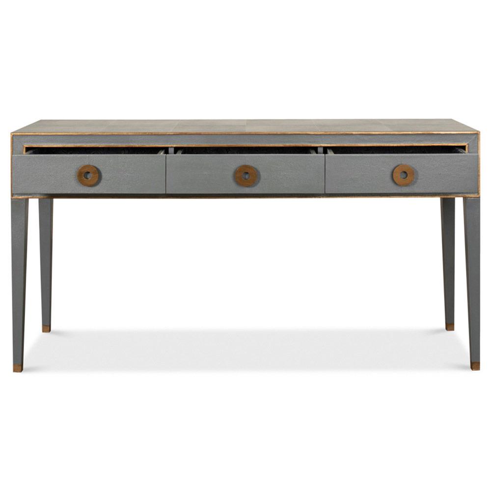 Levi Mid Century Modern Grey Shagreen Leather Brass Accent 3 Drawer Console Table|