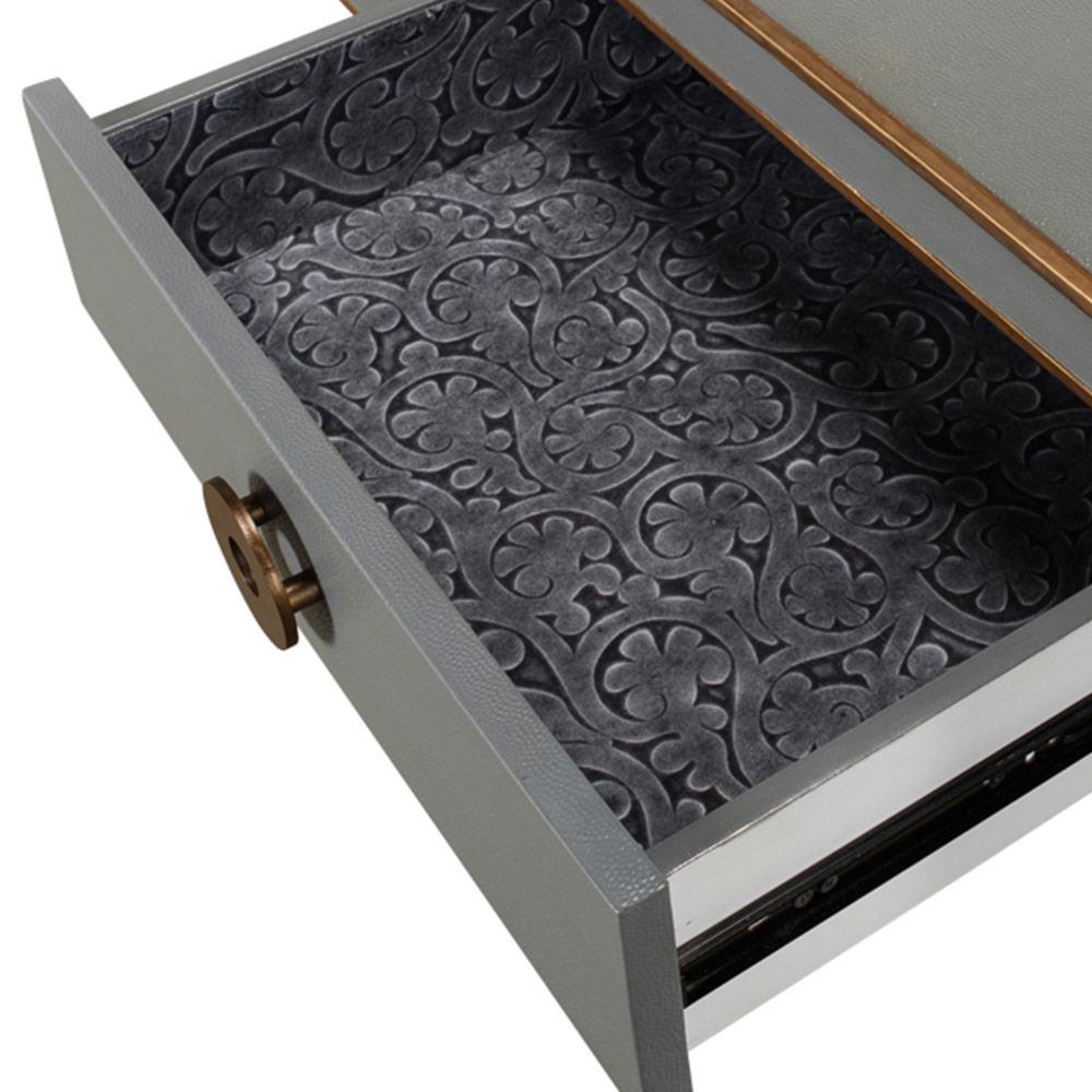 Levi Mid Century Modern Grey Shagreen Leather Brass Accent 3 Drawer Console Table|