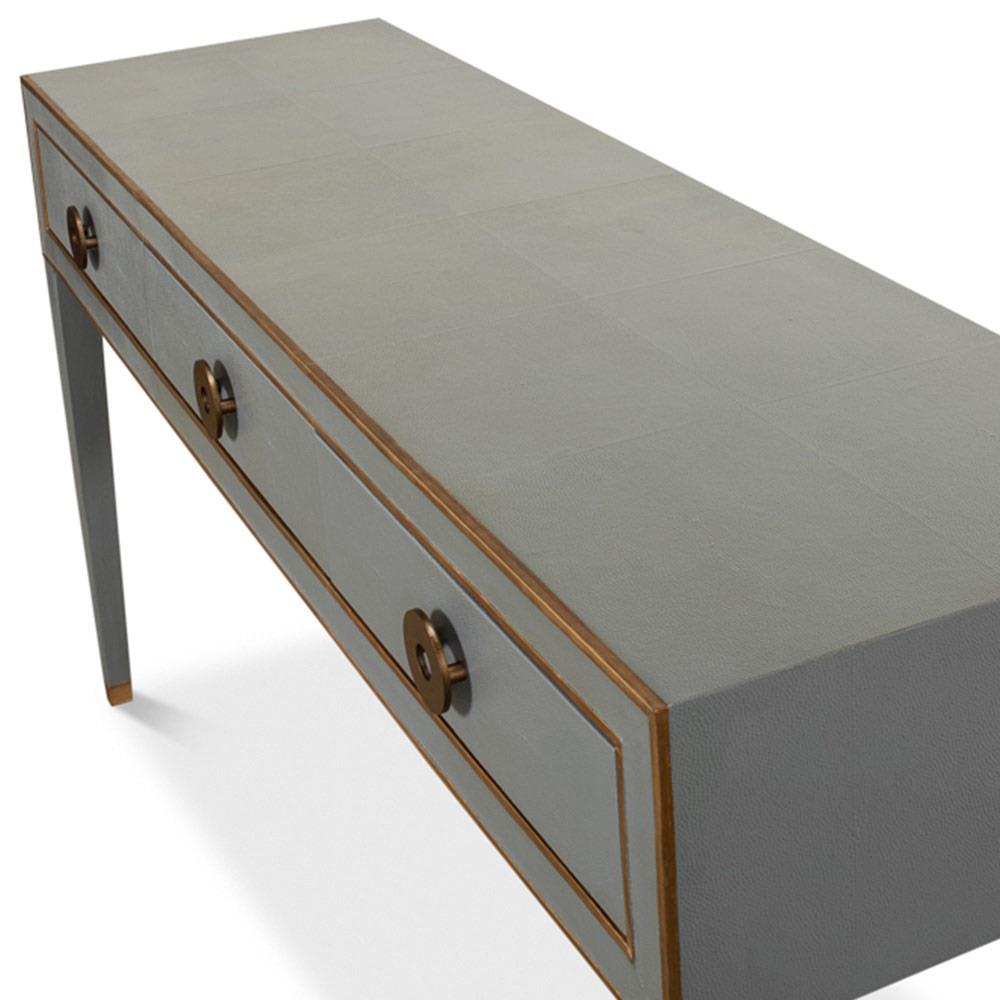 Levi Mid Century Modern Grey Shagreen Leather Brass Accent 3 Drawer Console Table|