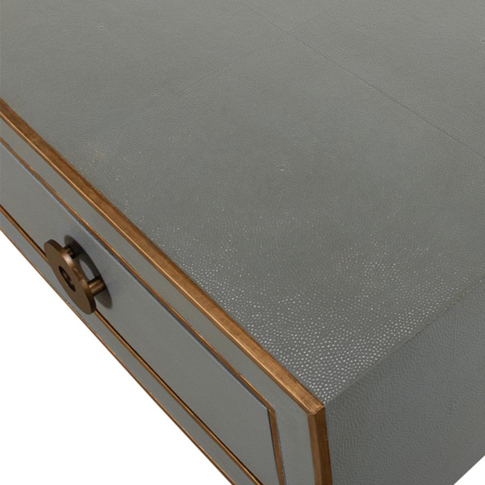 Levi Mid Century Modern Grey Shagreen Leather Brass Accent 3 Drawer Console Table|