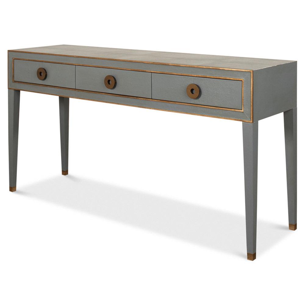 Levi Mid Century Modern Grey Shagreen Leather Brass Accent 3 Drawer Console Table|