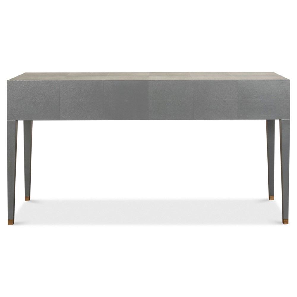Levi Mid Century Modern Grey Shagreen Leather Brass Accent 3 Drawer Console Table|