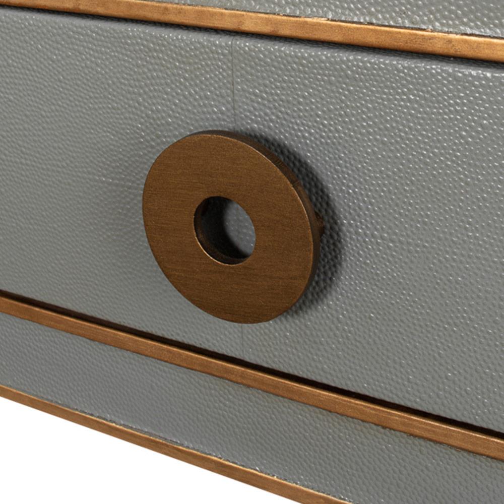 Levi Mid Century Modern Grey Shagreen Leather Brass Accent 3 Drawer Console Table|