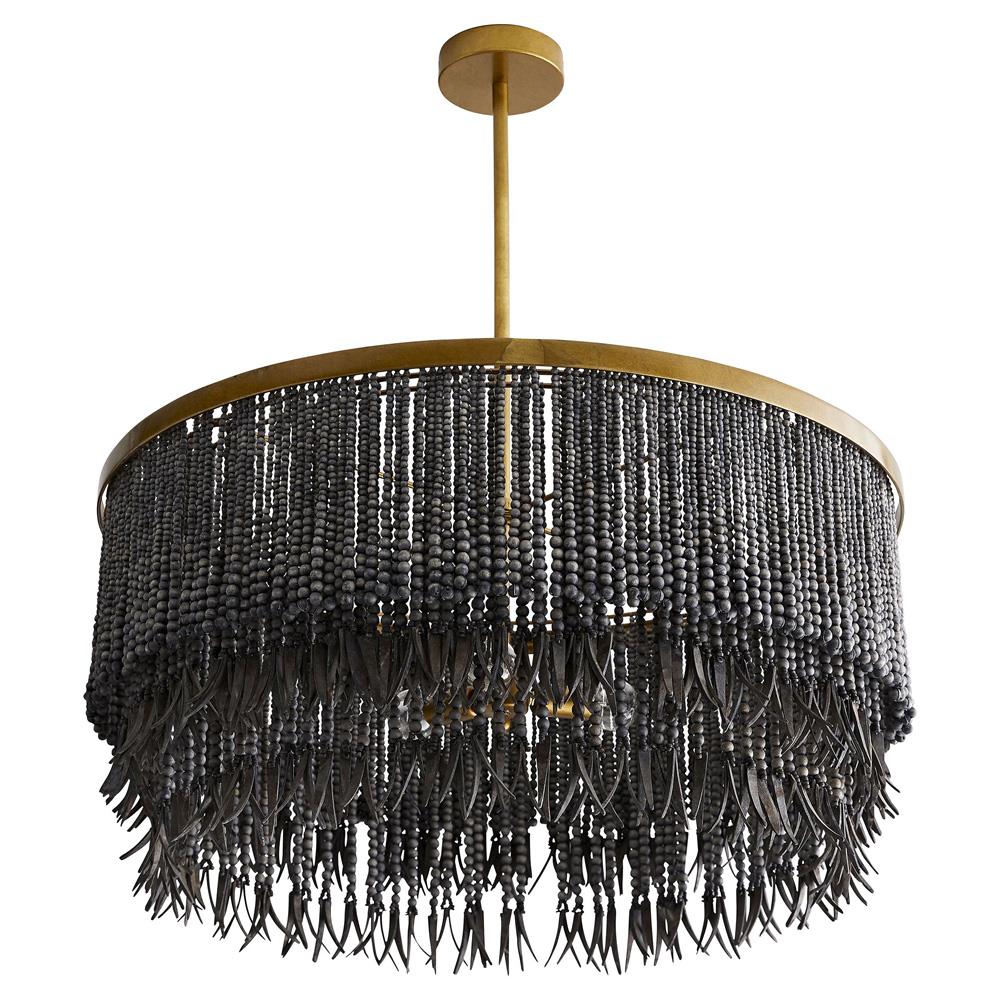 Baja Coastal Dark Grey Coco Wood Beads Antique Brass Iron Chandelier|