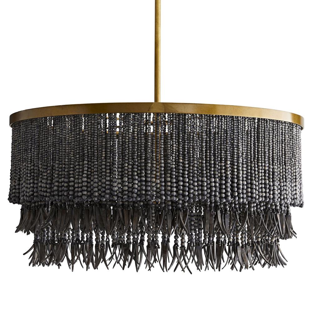 Baja Coastal Dark Grey Coco Wood Beads Antique Brass Iron Chandelier|