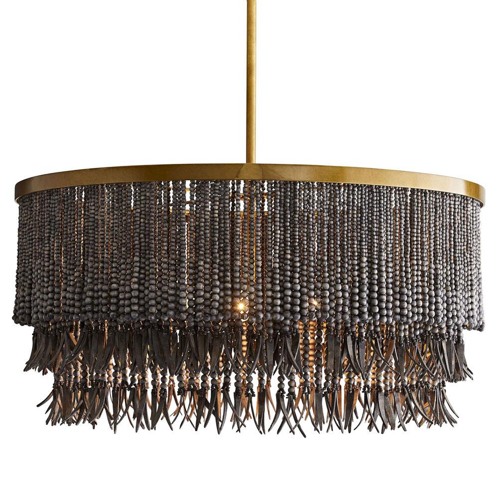 Baja Coastal Dark Grey Coco Wood Beads Antique Brass Iron Chandelier|