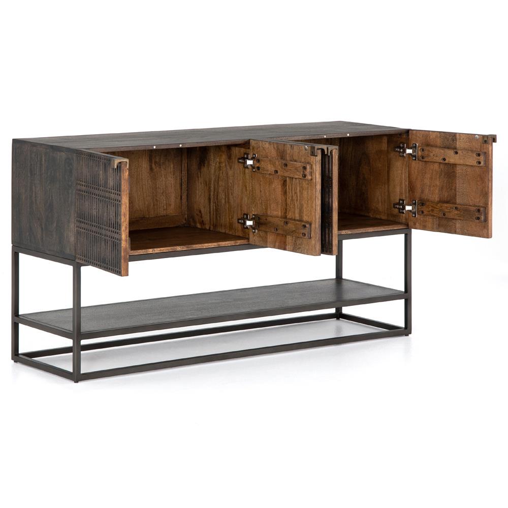 Madison Mid Century Brown Mango Wood Black Iron 4 Door Media Cabinet - 56"W|