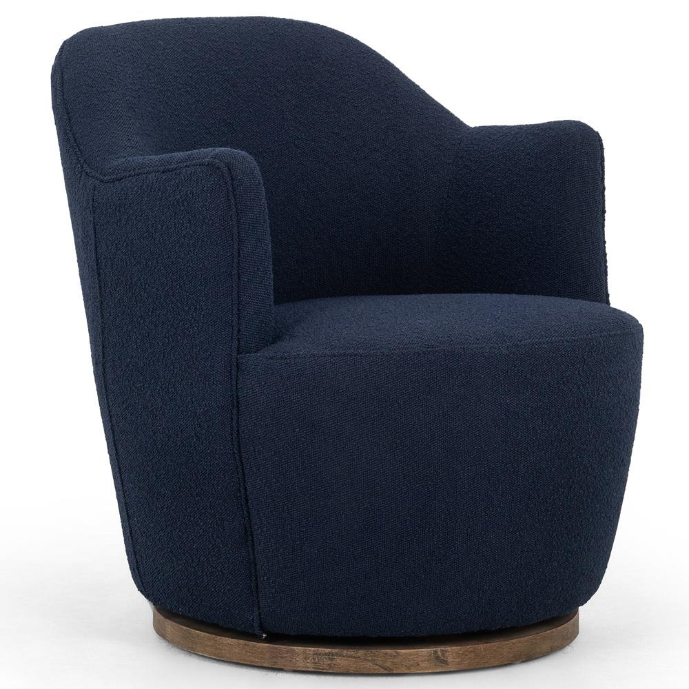Samuel French Country Blue Upholstered Boucle Brown Wood Swivel Arm Chair|