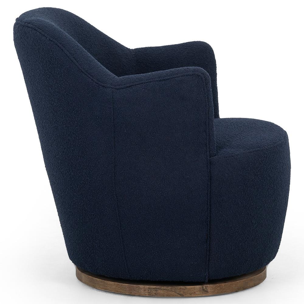 Samuel French Country Blue Upholstered Boucle Brown Wood Swivel Arm Chair|