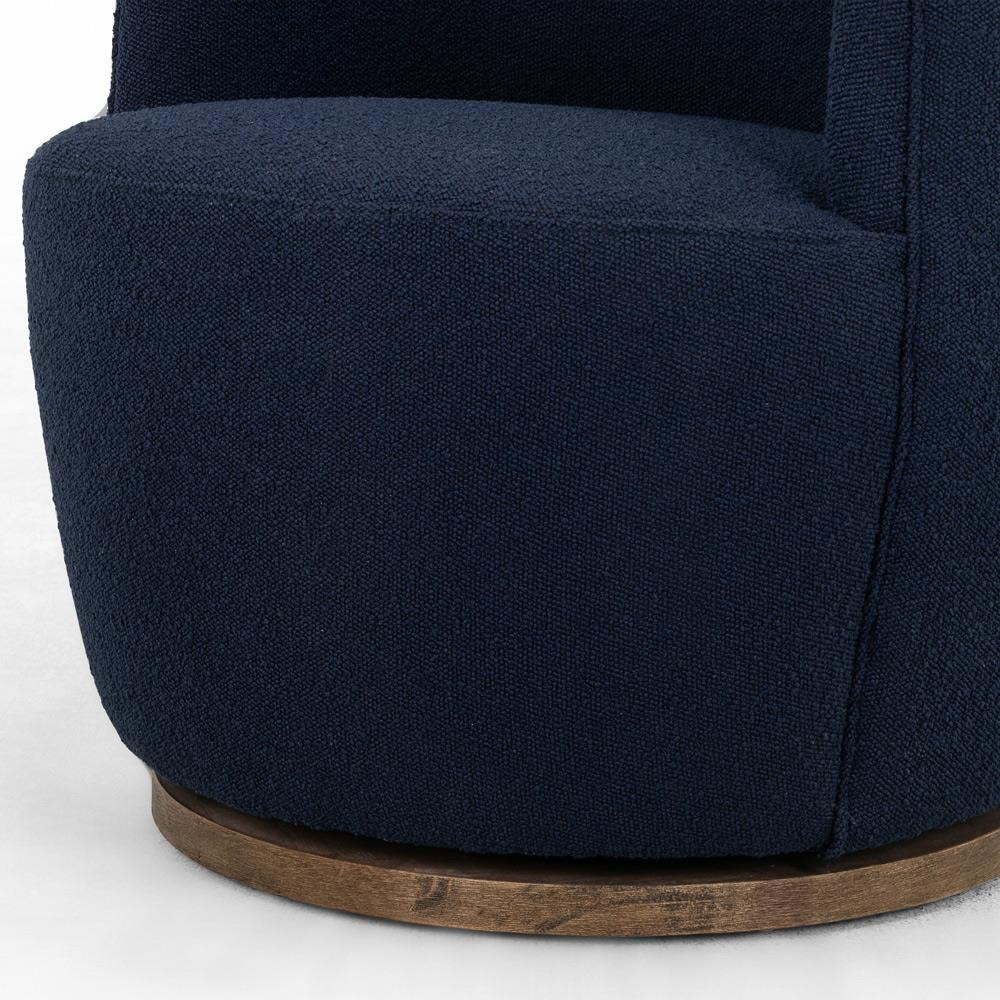 Samuel French Country Blue Upholstered Boucle Brown Wood Swivel Arm Chair|