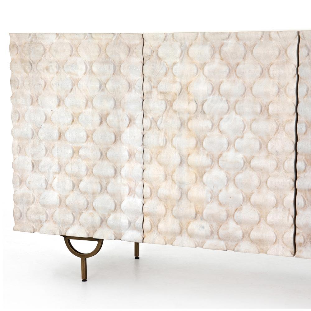 Harriet Mid Century White Wash Carved Mango Wood Gold Iron Base Media Cabinet - 82"W|